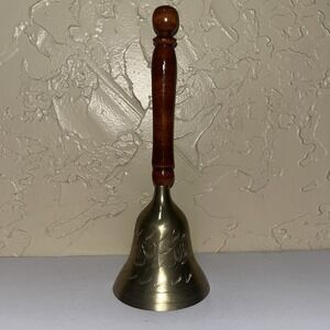 Vintage Brass School Bell Etched with Wooden‎  Handle 9" Tall Made In India
